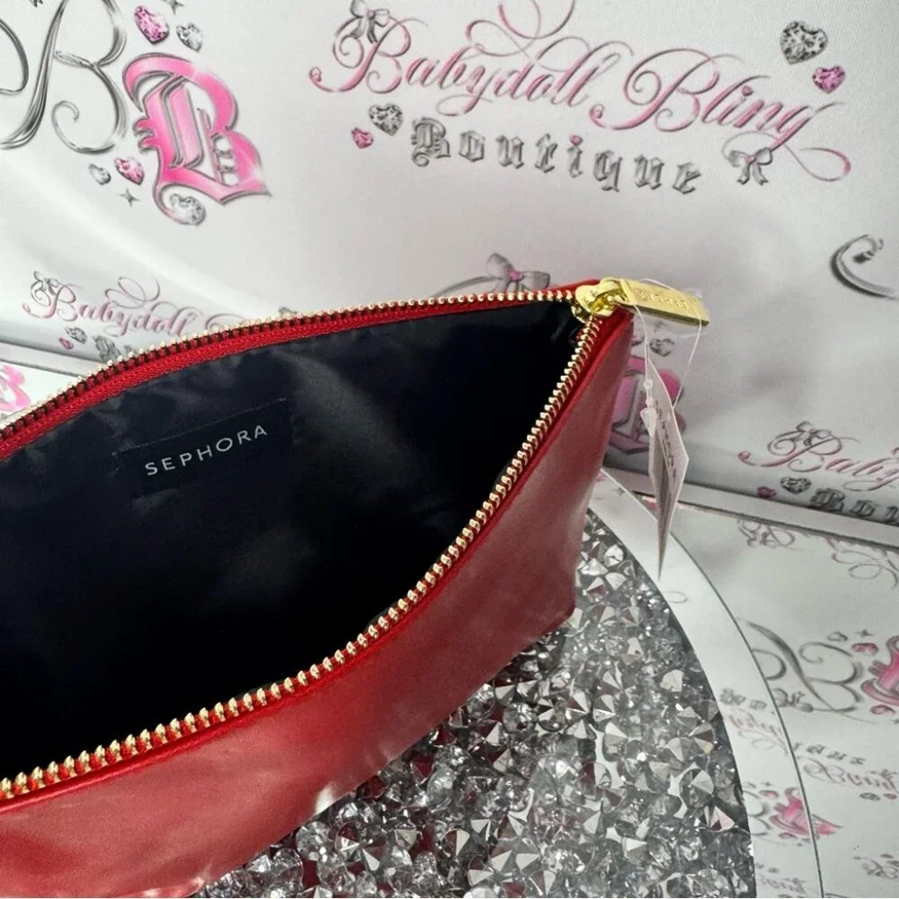 Sephora bag makeup cosmetic case bag red black gold zipper brand new